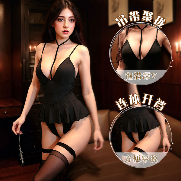 Woman modeling black mannyqing sexy lingerie sleepwear bodysuit with open-crotch design, featuring a deep v-neck and garter s...