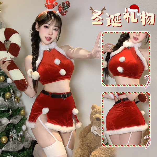 Sexy christmas-themed santa outfit with festive details, perfect for holiday celebrations.