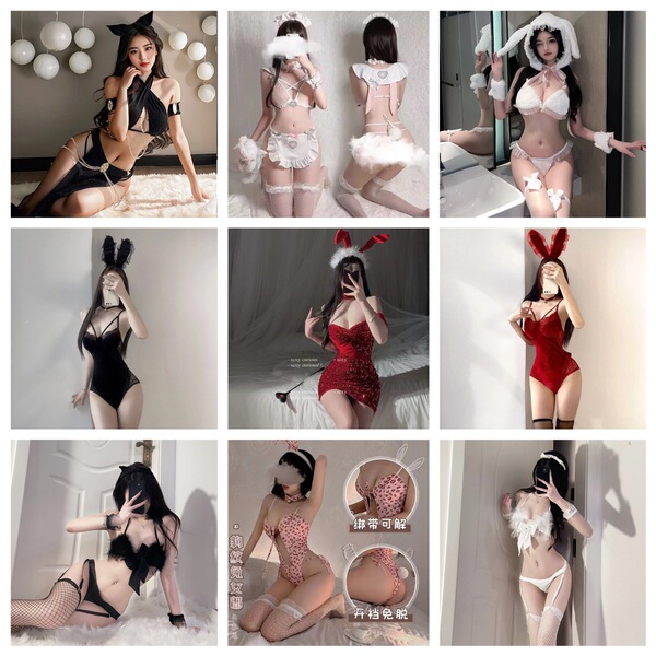 Sexy open-crotch cosplay bodysuit set featuring cat ears and bunny accessories, perfect for adult entertainment performances.