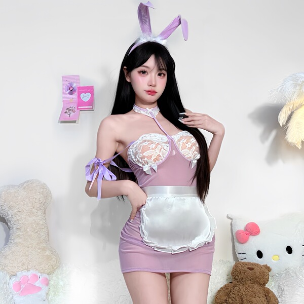 Sexy maid outfit featuring bunny ears and lace details, perfect for cosplay with removable accessories and seductive design.