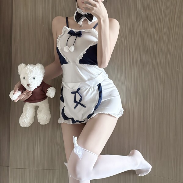 Sexy maid costume with white dress and bow tie, featuring playful design elements, perfect for themed events or cosplay.