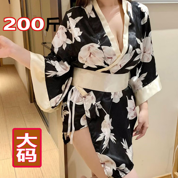 Plus Size Japanese Kimono Lingerie Set with Bow Print - Sexy Oriental Dance-Inspired No-Remove Sleepwear for Women