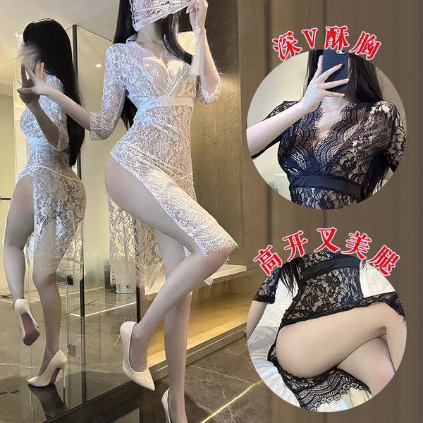 Plus Size Sexy Lace Sleepwear Set - Sheer Seductive Split Dress with Uniform-Inspired Allure, QQNY Brand