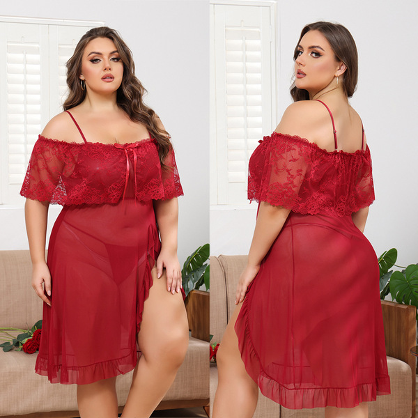 Plus size sexy lace sleepwear set - sheer off-shoulder cami dress with transparent mesh & floral embroidery