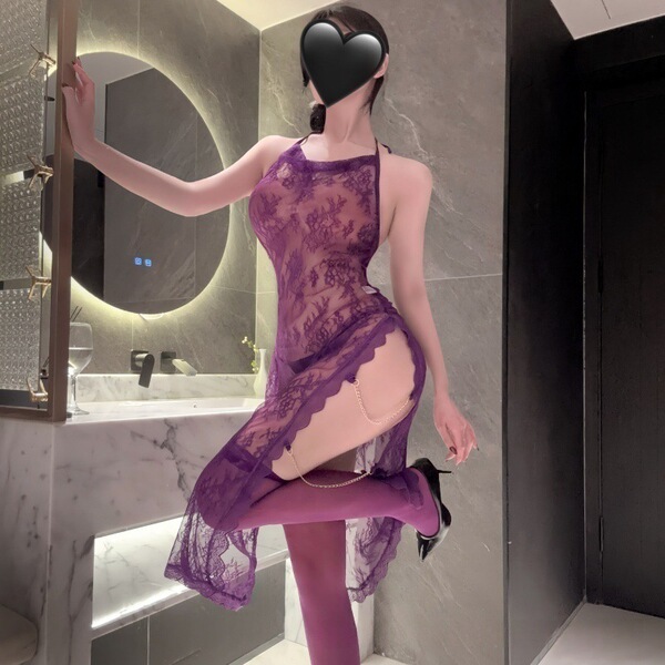 Sexy plus size lingerie dress featuring lace sheer design, high slit, and chain detail, perfect for nightwear or elegant even...