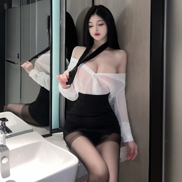 Woman modeling plus size sexy secretary skirt set with white blouse and black bodysuit for office, teacher, or nightclub chic...