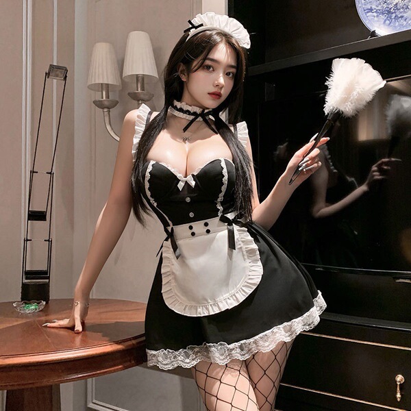 Pure & Alluring Maid Lingerie Set - Sexy Lace Push-Up Corset with Padded Cups & Matching Sleepwear