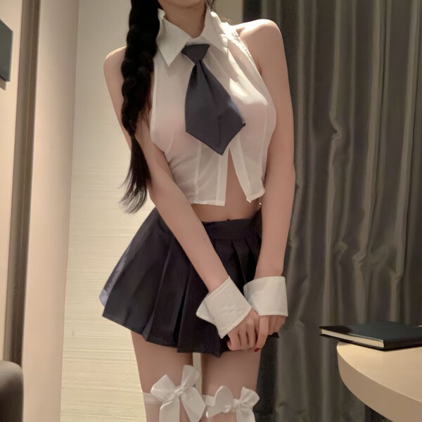 Pure Love Chiffon Shirt & Skirt Set - Sexy Schoolgirl JK Uniform Outfit, No-Undress Stylish Ensemble
