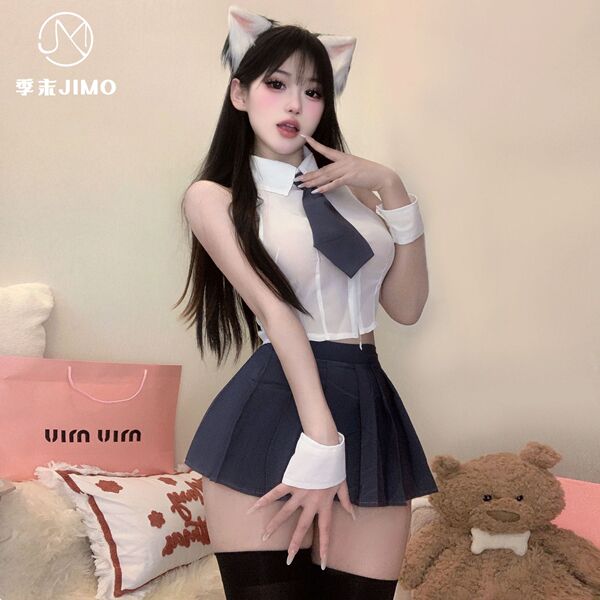 Pure love schoolgirl chiffon shirt & pleated skirt set - cute jk uniform style lingerie outfit featuring a white blouse with ...