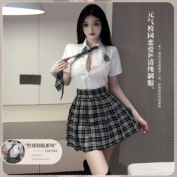 Woman modeling a white blouse and plaid skirt pure & playful japanese school uniform set - cute jk style lingerie for women.