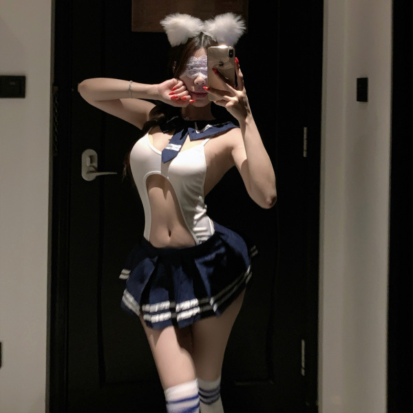 Woman in mirror selfie wearing pure & playful lingerie set — cute student-style jk erotic underwear with sailor collar, fluff...