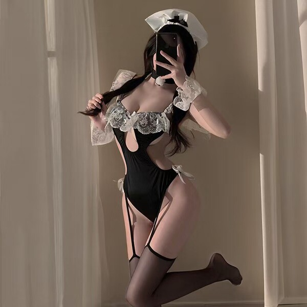 Pure & Seductive Lingerie Set - Busty-Free Lace Maid Costume Sleepwear Bodysuit for Women