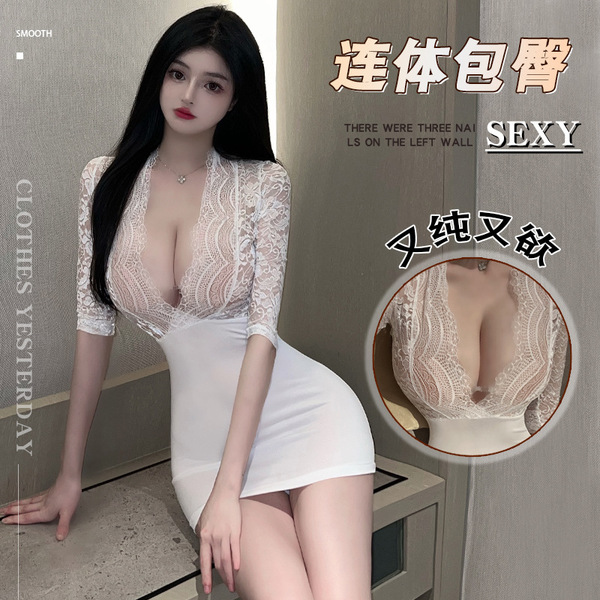 Pure & tempting womens deep v-neck sheer secretary outfit - sexy plus size bodycon dress, featuring lace detailing and a plun...