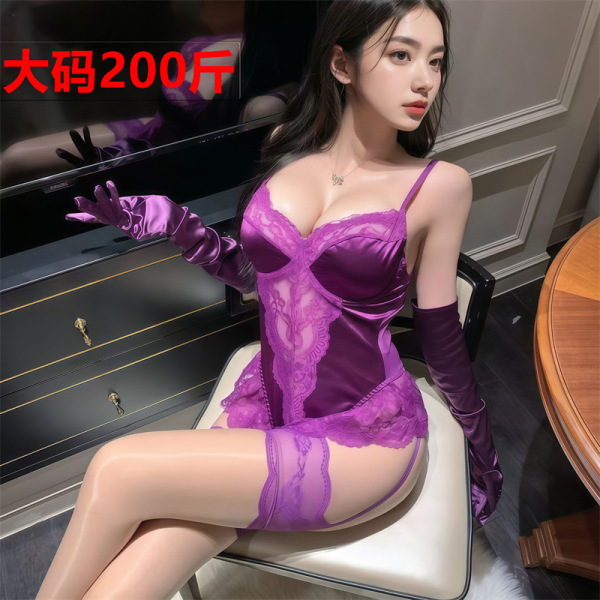 Woman modeling purple plus size lace bodysuit with long gloves, sexy shapewear romper for nightclub and lingerie outfits.
