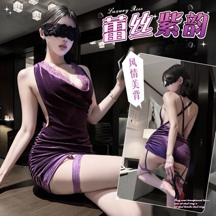Woman in purple velvet bodycon lingerie set with lace trim, featuring a seductive sleepwear uniform design and matching thigh...