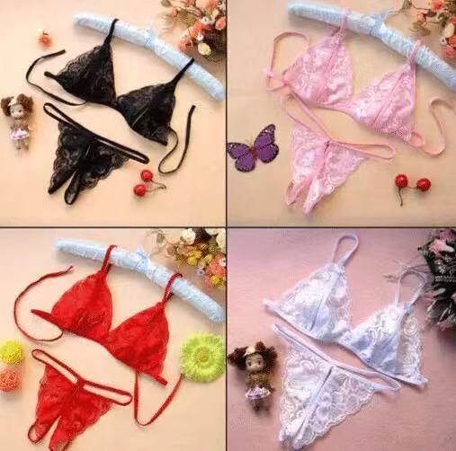 Qingran lace thong bra set - sheer open-crotch erotic lingerie two-piece outfit for women in black, pink, red, and white