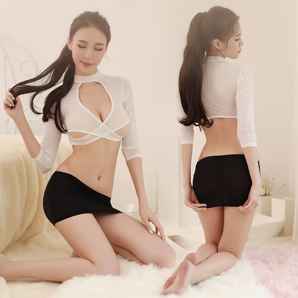 Qingran sexy secretary costume set – elegant european-style lingerie outfit featuring a white sheer crop top with cutout desi...