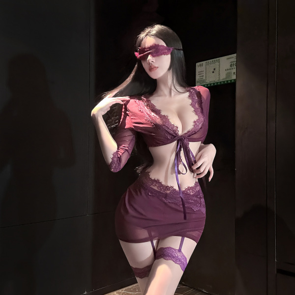 Woman wearing qingshe lace lingerie set with eye mask, featuring deep purple tones and sensual design.