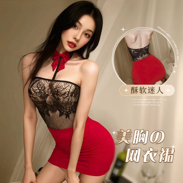 Woman wearing qqny pure temptation lingerie set – red mesh skirt with black lace bodice and bow choker, stylish bedside secre...