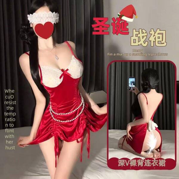 Red velvet deep v lingerie set - retro christmas, featuring lace trim and seductive silhouette, perfect for festive holiday n...