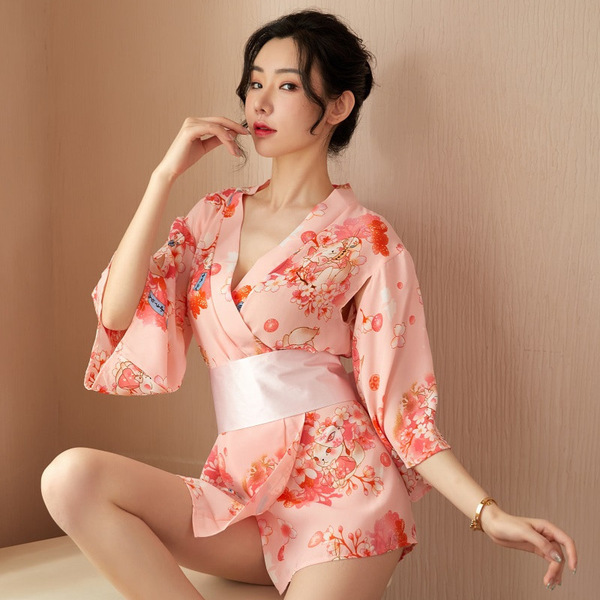 Elegant retro kimono-style lace robe featuring floral patterns, open front design, sheer sleeves, and waist-cinching detail f...
