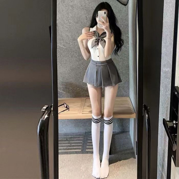 Romantic Moonlit Blossom Couple Lingerie Set - Cute Japanese School Uniform Style Backless Jumpsuit for Women
