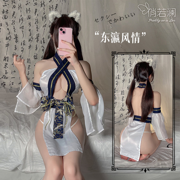 Ruolan Sexy Oriental Lingerie Set – Japanese-Inspired Split-Back Kimono Style Outfit with Cross-Neck Design