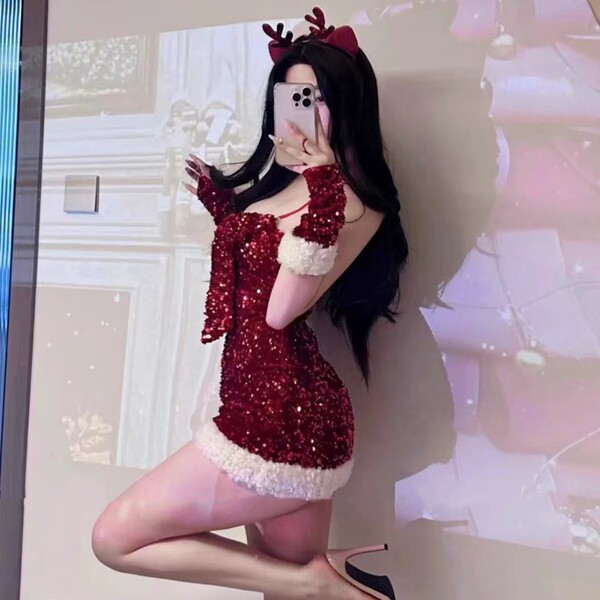 Sexy red sequin christmas costume with reindeer antlers, perfect for festive role play outfits.