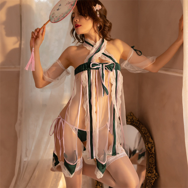 Seductive hanfu-inspired sheer lingerie set featuring delicate lace and green accents, perfect for couples seeking elegant sl...