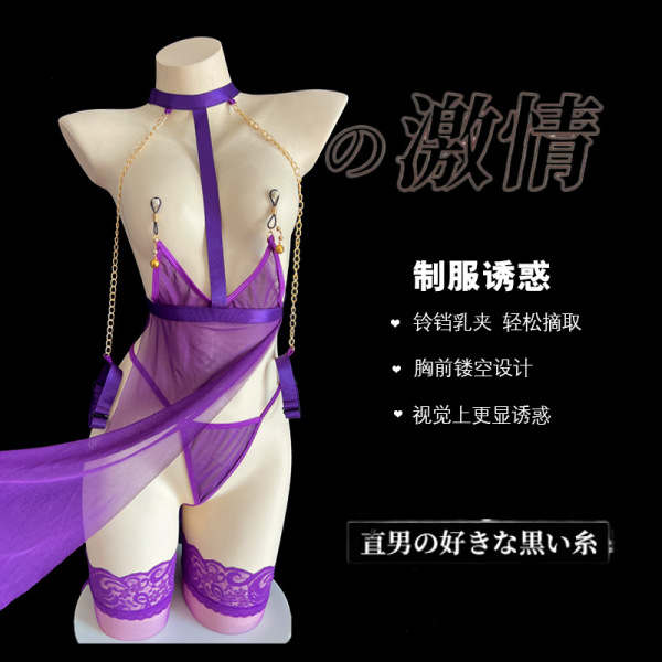 Purple lace mesh lingerie set with sheer fabric, gold chains, and thigh-high stockings on mannequin. seductive sm costume for...