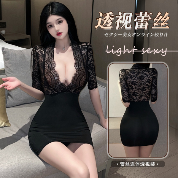 Woman modeling black lace ol secretary skirt set with sheer top and fitted mini skirt, perfect for nightclub allure.