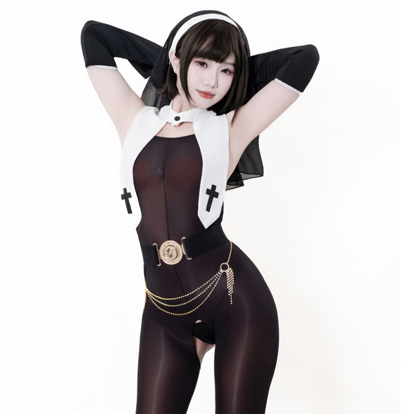 Seductive nun costume lingerie featuring an open-crotch design, combining modesty with allure for role play outfits.