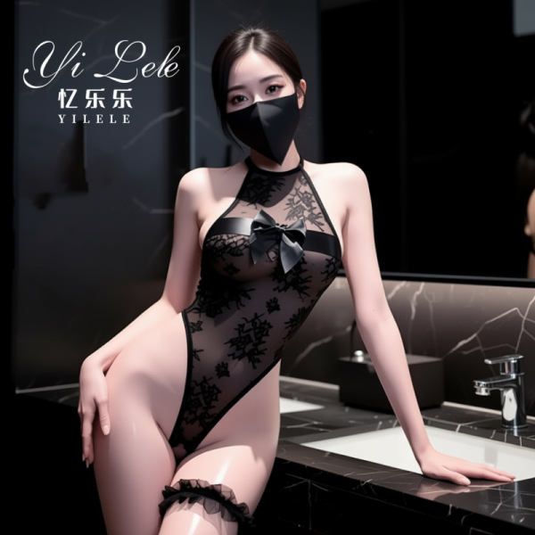 Woman in black lace lingerie set with mask, sitting on bathroom counter. seductive secretary-style sleepwear, no-remove desig...