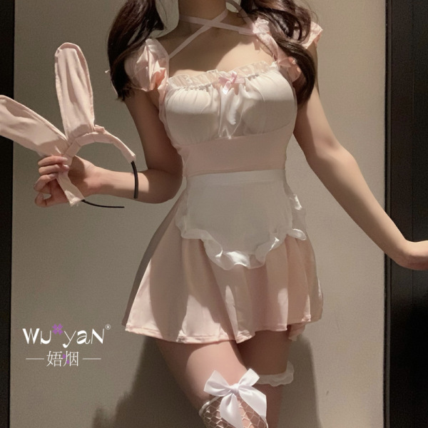 Seductive sleepwear set – provocative naughty lingerie & couples themed bedroom outfit in soft pink with bunny ears and bo...