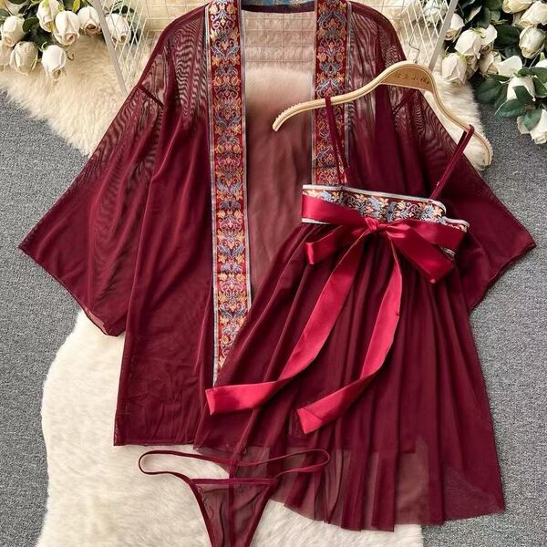 Sensual sheer lingerie sleep gown set featuring vintage chinese style hanfu design with floral patterns, elegant bow tie, and...