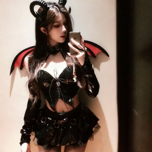 Sexy Anime Devil Lingerie Set - PU Leather Corset with Cut-Outs & Ties, Seductive Pure-Allure Costume