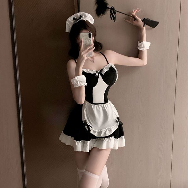 Sexy backless maid costume set for women – black & white princess lingerie sleep dress, pure temptation outfit