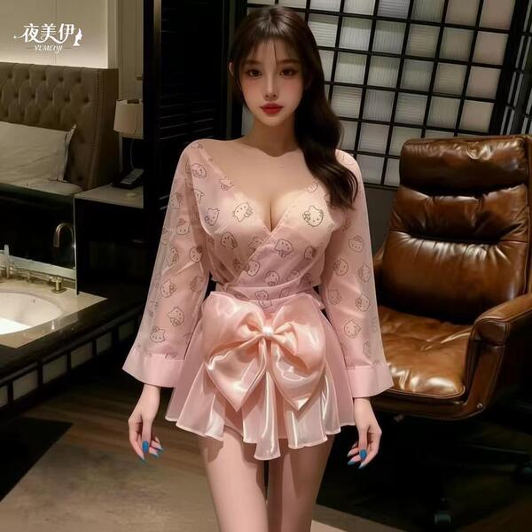 Sexy backless sleep dress featuring kawaii japanese-inspired design, floral pattern, and a cute bow detail, perfect for pure ...