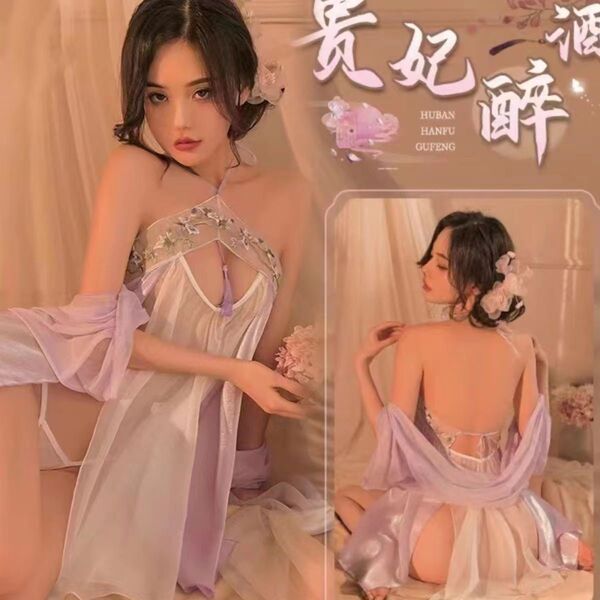 Woman modeling a sexy embroidered lace hanfu sleep dress with high slit, featuring vintage-inspired erotic lingerie design.