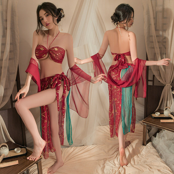 Sexy Kimono Lingerie Set - Dunhuang Flying Apsaras Inspired Sheer Hanfu Bustier Outfit