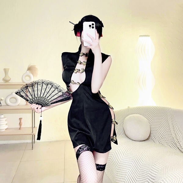 Sexy lace cheongsam lingerie set - sheer mesh role play sleepwear for women, passionate costume outfit featuring elegant blac...