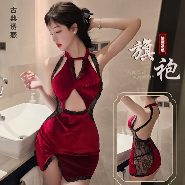 Sexy lace cheongsam sleepwear set - hookless backless romantic lingerie for couples & cosplay, featuring elegant red velvet w...