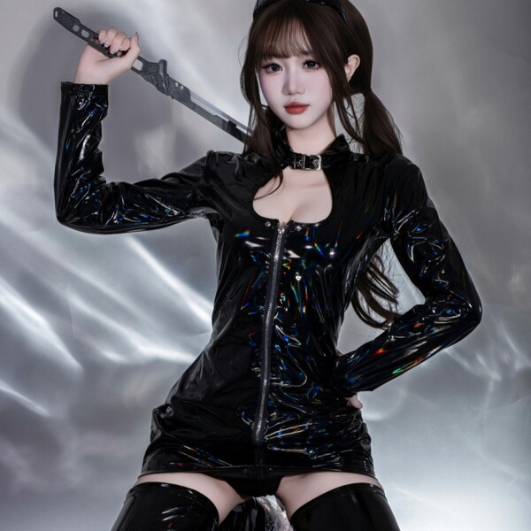 Sexy latex look pu leather bodysuit with high-elastic zippered design, perfect for fetish nightclub outfits.