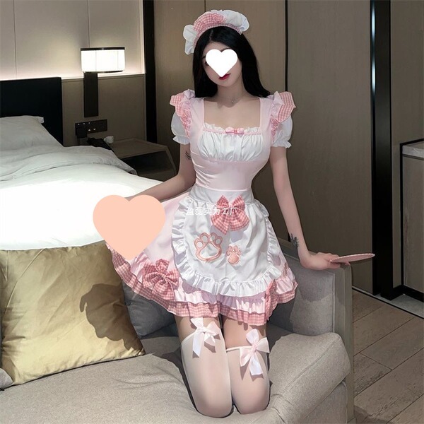 Sexy maid costume lingerie - cosplay lolita uniform with pink ribbon apron and stockings, perfect for sleepwear or bedroom ou...
