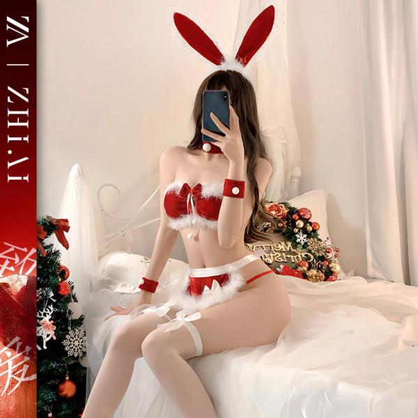 Sexy Maid Costume for Women - Christmas Bunny Girl Role Play Outfit, Naughty Lingerie Set with Thong & Bow Headband