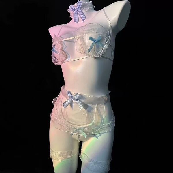 Sexy maid costume with lace sheer corset, bow details, and ties for seductive role play.