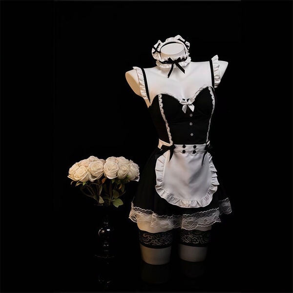 Black and white sexy maid costume set with steel-boned push-up lingerie, flirty apron, lace trim, and matching headpiece on m...