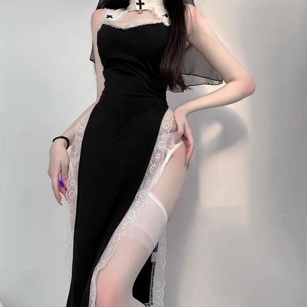 Sexy nun costume lingerie featuring sheer mesh and lace, perfect for role play with a seductive design.