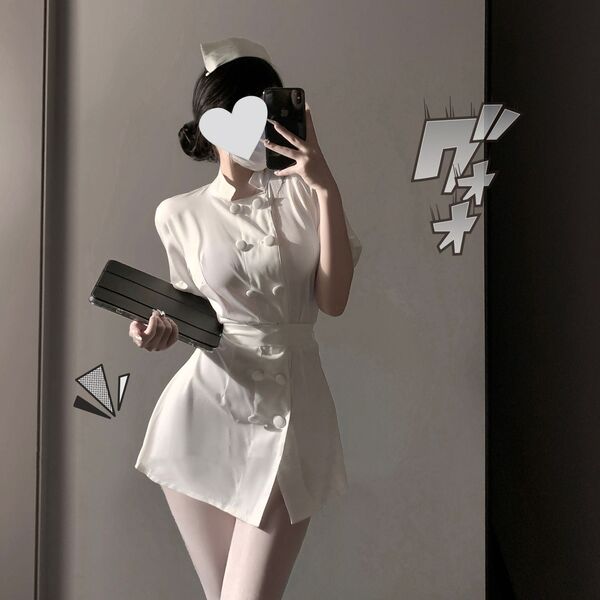 Sexy nurse costume set featuring a seductive no-remove lingerie sleepwear with a bow-tie skirt and round neck design.