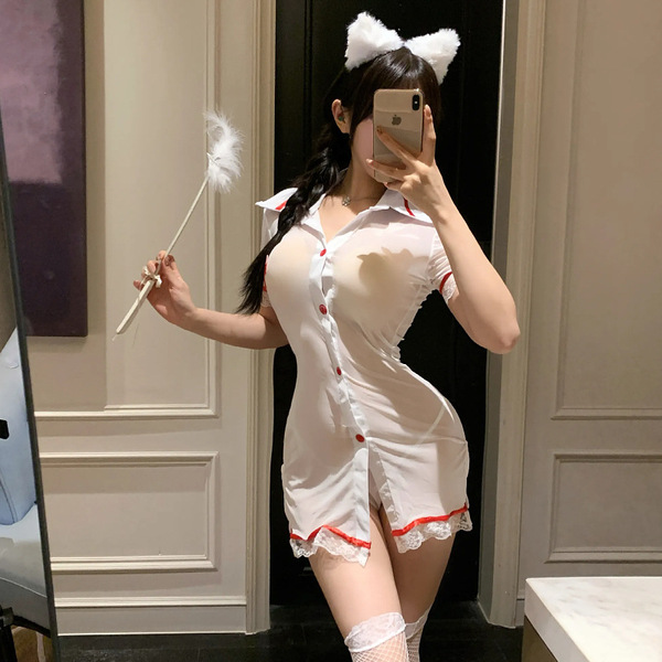 Sexy nurse costume for women - elegant sheer lace cosplay dress set with ruffled trim & mesh detail